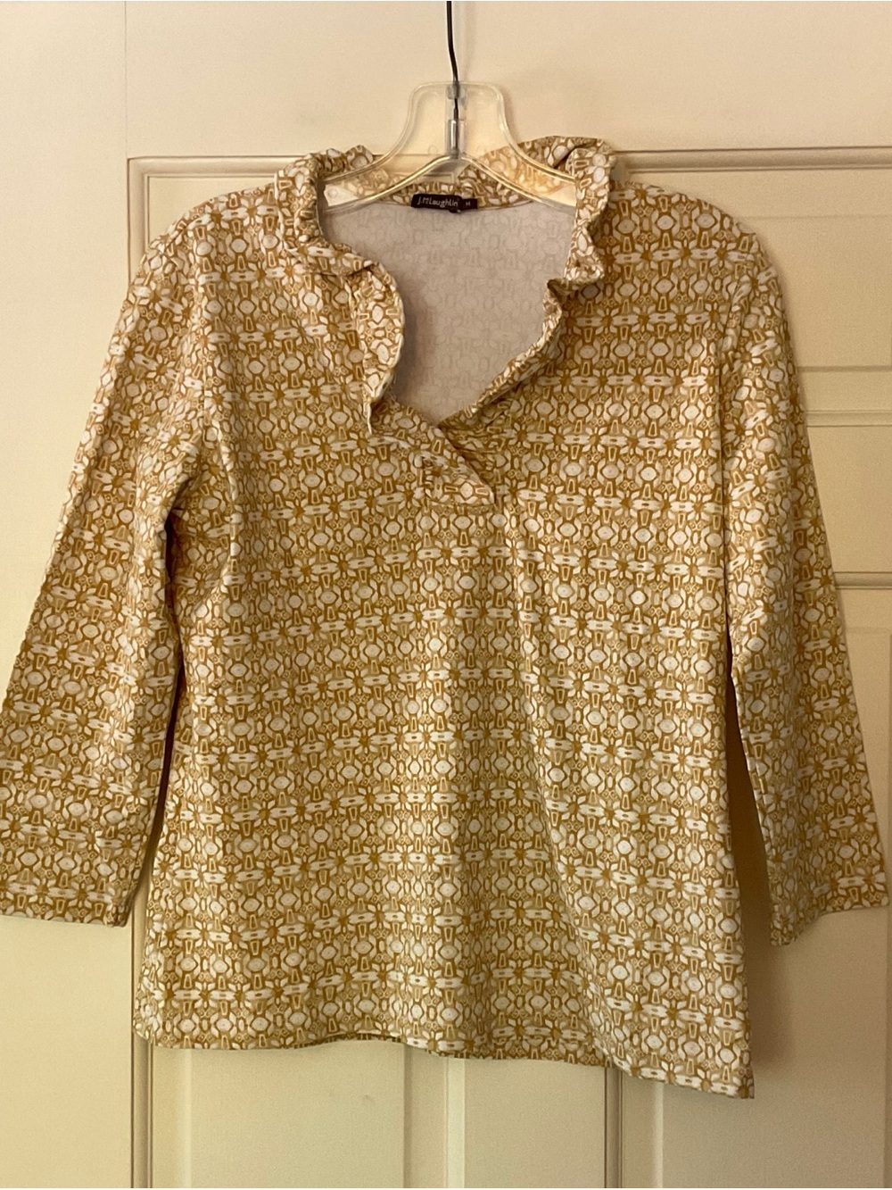 J. McLaughlin Catalina Cloth Top Ruffle Neck Collar Tan Stretch Size M Preppy